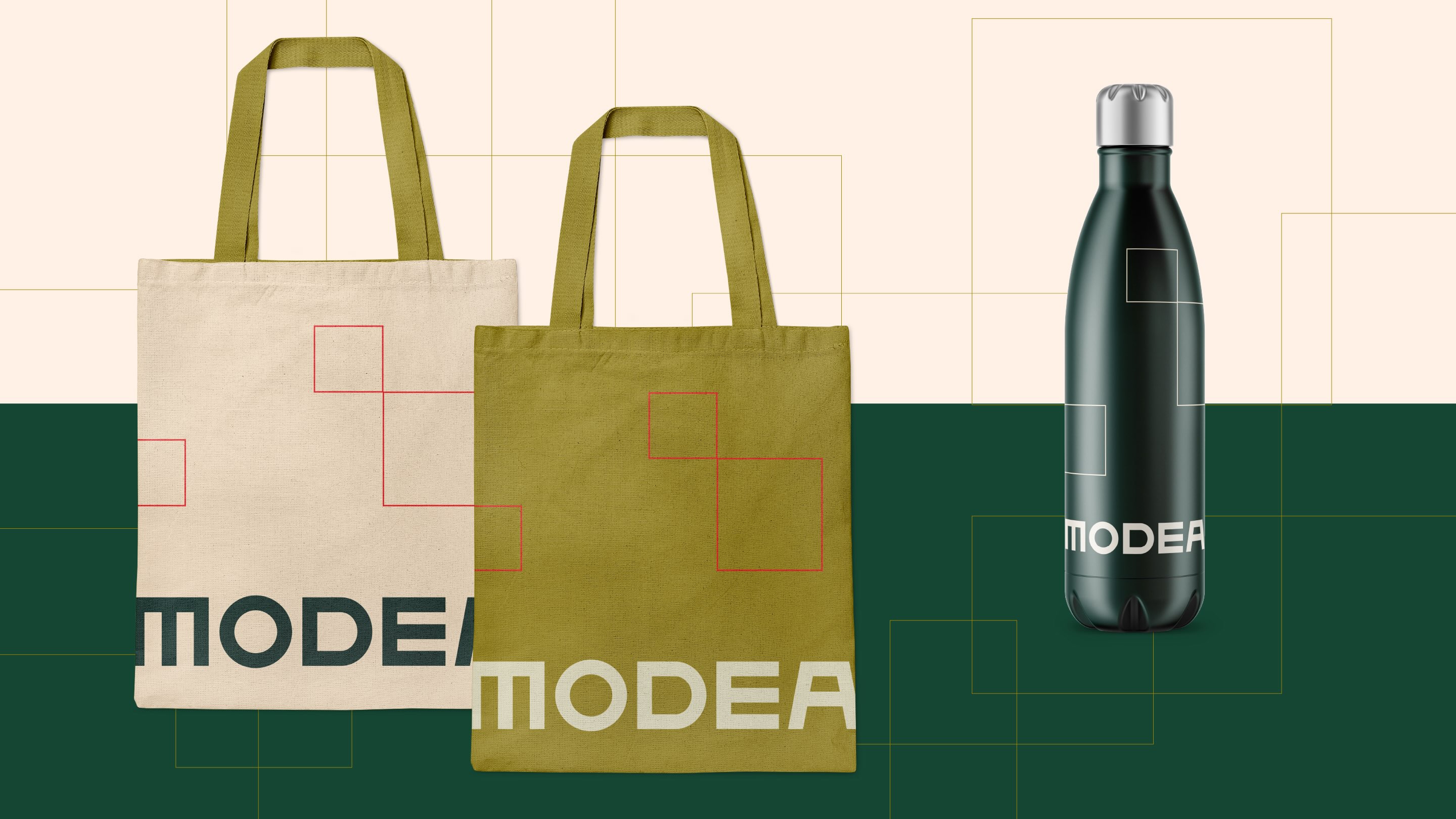 Custom branded Modea merch, including tote bag and water bottle.