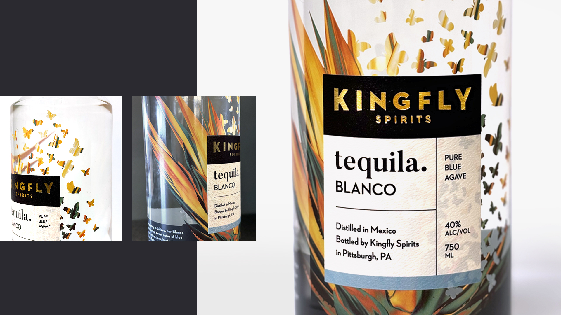 Detail view of the Kingfly Blanco Tequila label design.