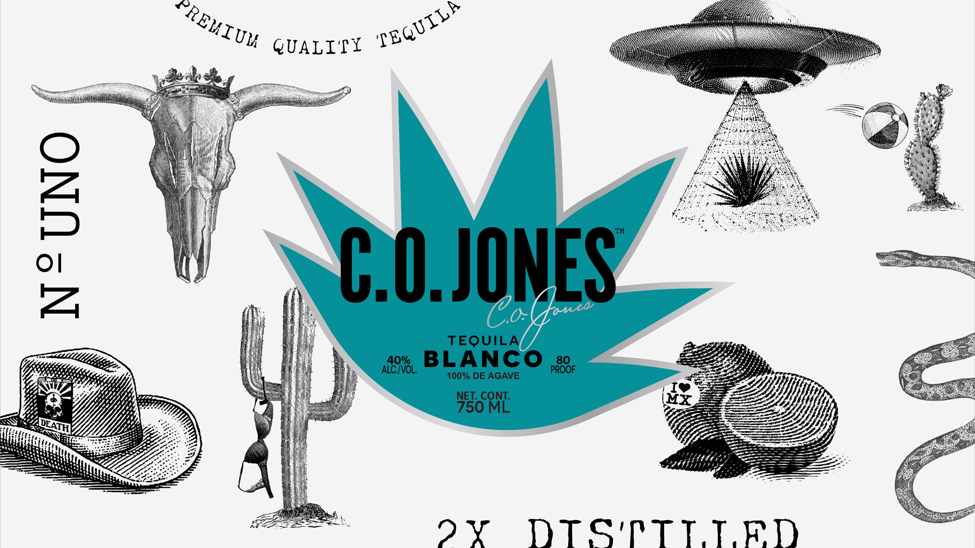 The set of graphic elements that support the C.O. Jones Tequila branding