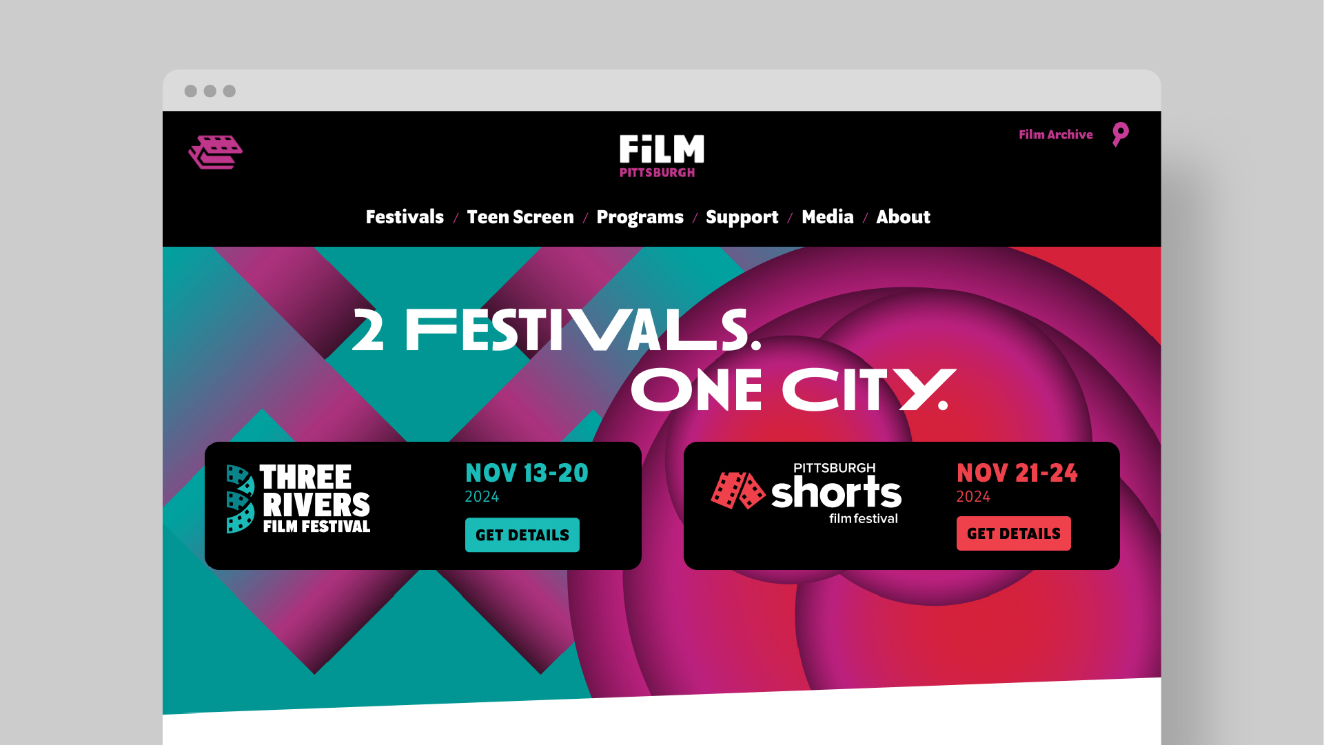 The Film Pittsburgh website home page hero graphic featuring the 2024 Festivals.